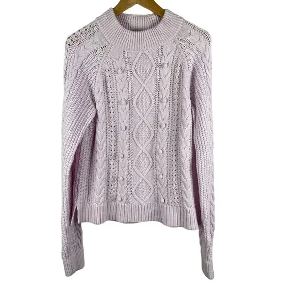 J. Crew Lambswool Azra Cable Knit Pom-Pom Sweater Vivid Lilac Size‎ Medium - Picture 5 of 12